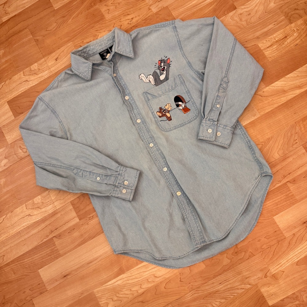 Warner Bros Studio Store Tom and Jerry Vintage Denim Shirt Blue Mens Small 90s